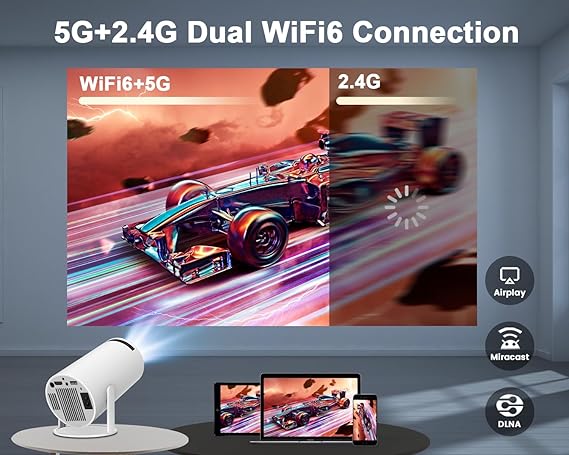 Portable 4K , 1080P Smart Mini Projector WiFi 6, BT 5.0, Streaming compatible with built-in 5W Stereo Speakers